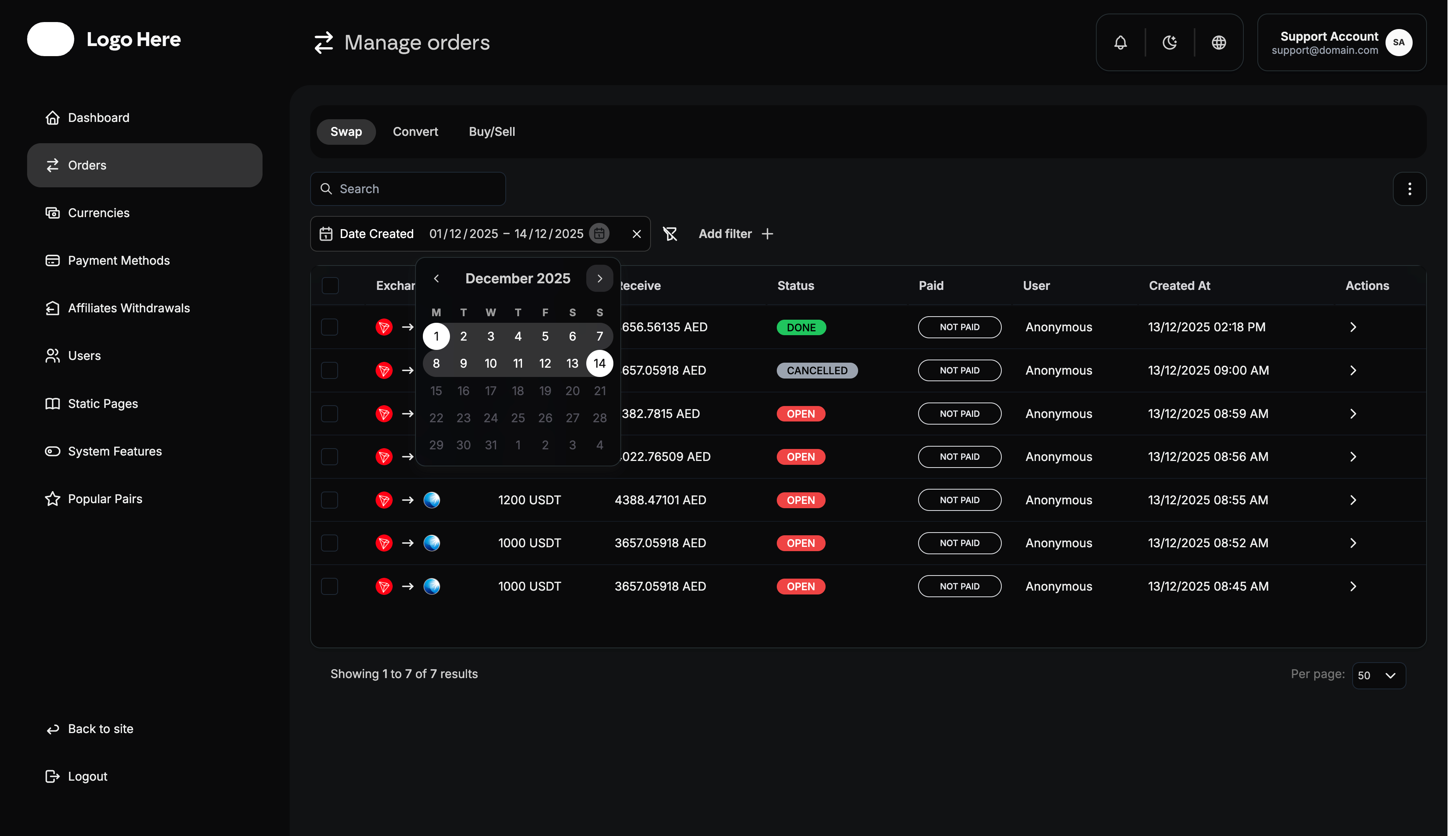 Admin Orders Filter Combination