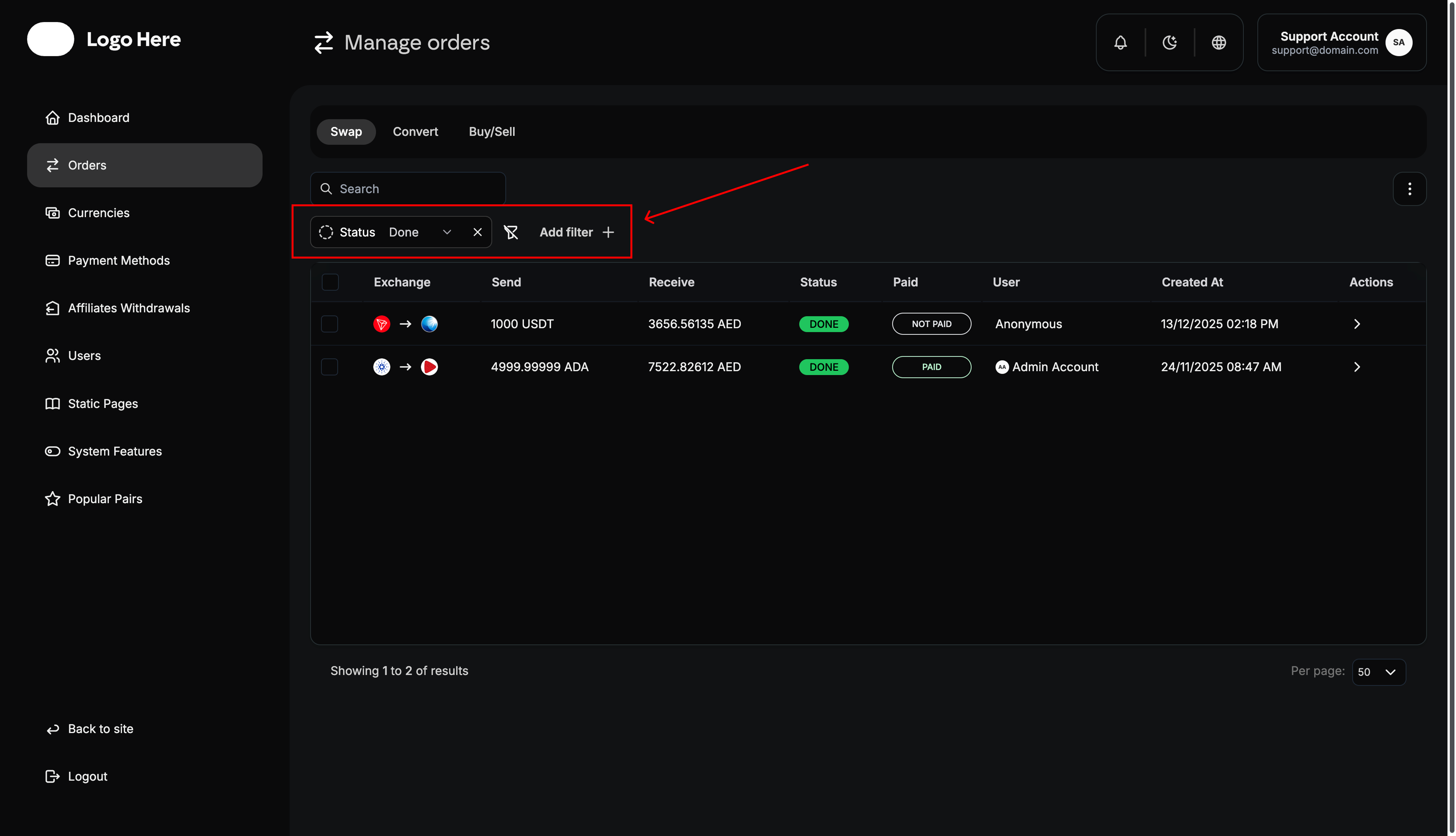 Admin Order Filtters